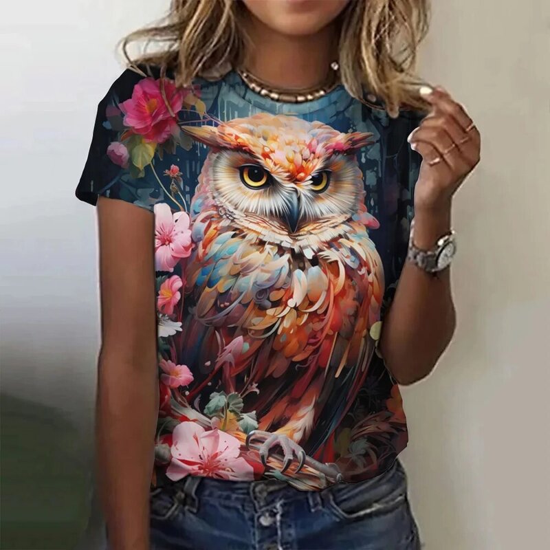 Fashion Women's Short Sleeved 3D Cute Owl Print T-shirt Paired with Animal Print Round Neck Casual Women's Clothing