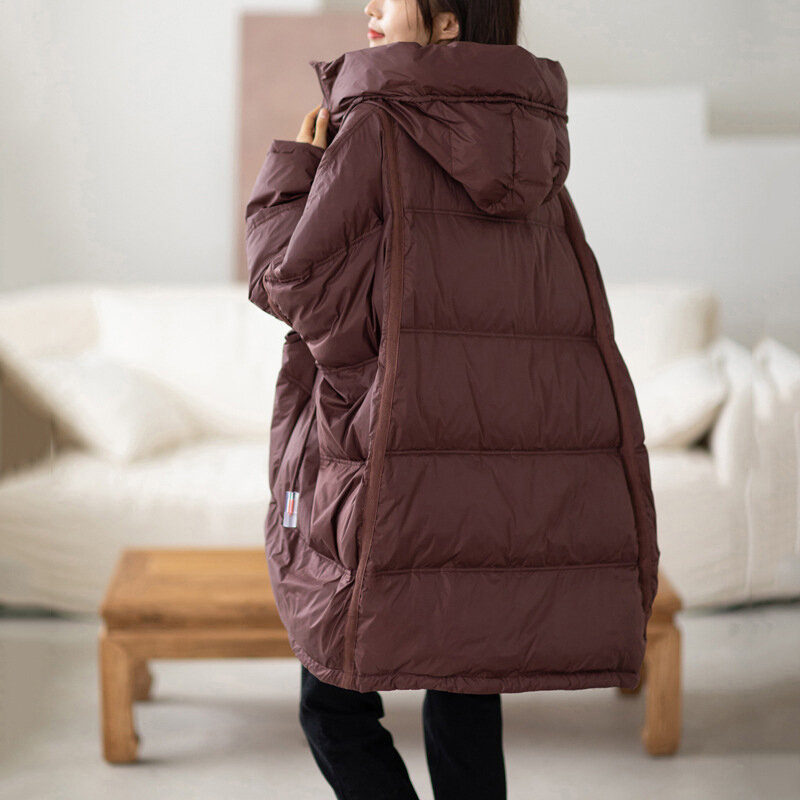 여성용 화이트 덕 다운 재킷, 캐쥬얼 루즈 다운 코트, 따뜻한 후드 한국 코트, 가을 및 겨울 패션, 2023 신상