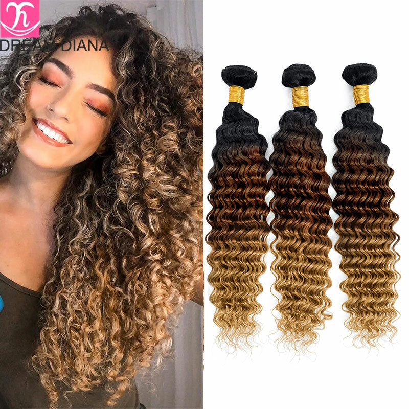 DreamDiana Ombre Deep Wave Bundles Remy Hair 3/4 Bundles Blond Malaysian Curly Hair 3 Tones Colored Ombre Curly Hair Bundles
