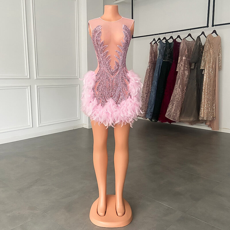 セクシーで透明なドレス,豪華な,きらめくピンクのビーズ,羽,ショート,誕生日パーティー用,2023