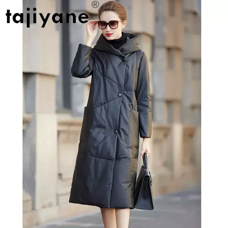 Tajiyane-두껍고 따뜻한 오리털 롱 코트 및 재킷 TN1331 여성용, 진짜 양피 후드, 겨울
