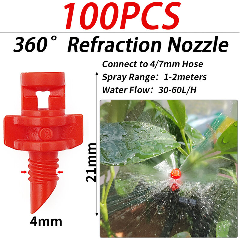 100PCS 90-360° Male Barbed Thread Refraction Micro Nozzles Garden Greenhouse Drip Irrigation Sprinkler Atomized Sprayer Watering