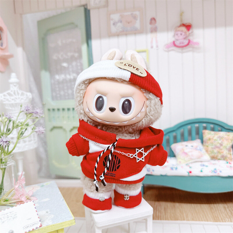 Bonito Mini Plush Doll Roupas para Meninas, 17cm, Outfit Acessórios, Coréia K-pop Exo Labubu Idol Dolls, Hoodie, Saia, Vestuário, Presente DIY
