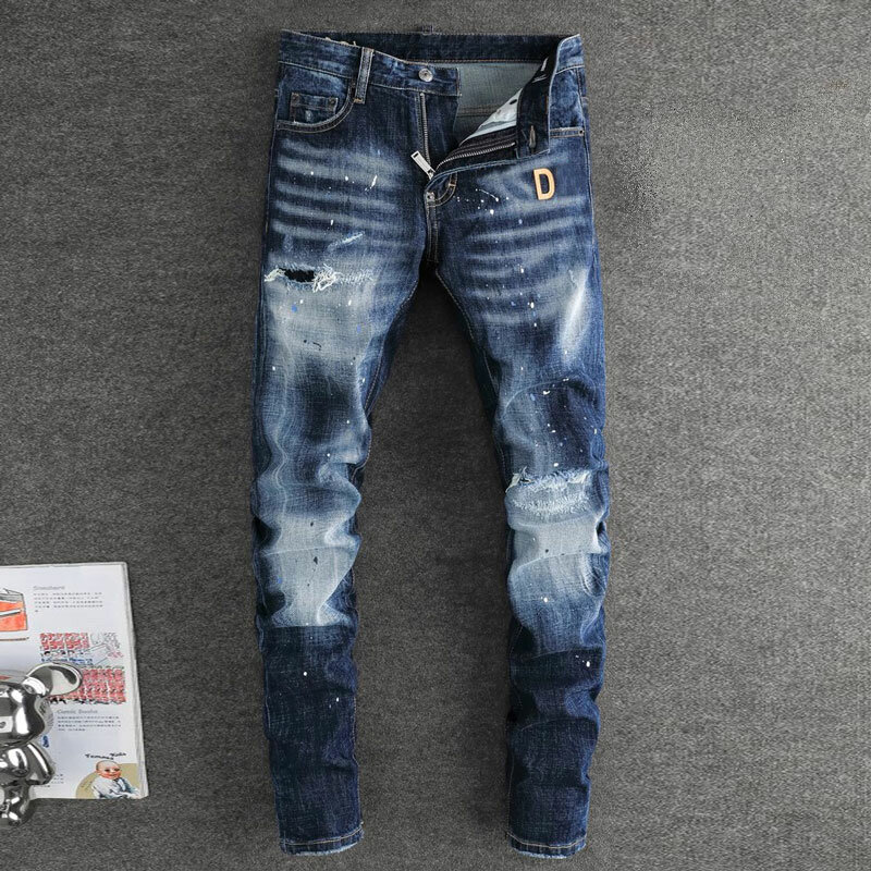 Jeans da uomo di moda di strada di alta qualità retrò blu elasticizzato Slim Fit Jeans strappati dipinti da uomo Patch Designer pantaloni di marca Hip Hop