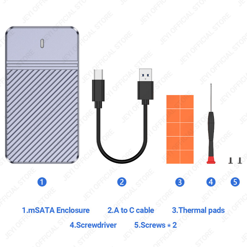 JEYI SSD 인클로저 어댑터 케이스, mSATA 내부 솔리드 스테이트 드라이브 하드 드라이브용, 타입 C 포트 포함, mSATA to USB 3.1 Gen2, 10Gbps