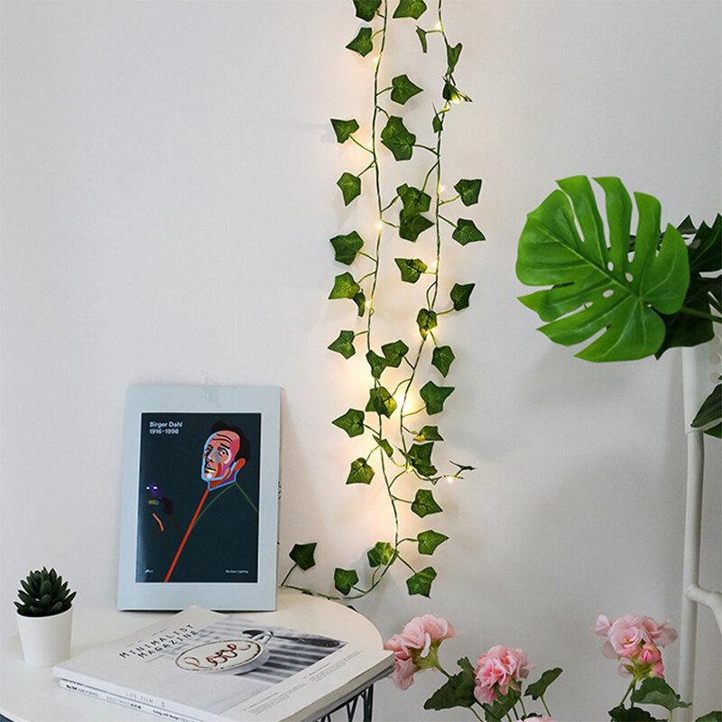 Guirnalda de luces de hadas de hojas de hiedra verde, funciona con batería, luces de hoja de arce, guirnalda artificial, vid de plantas