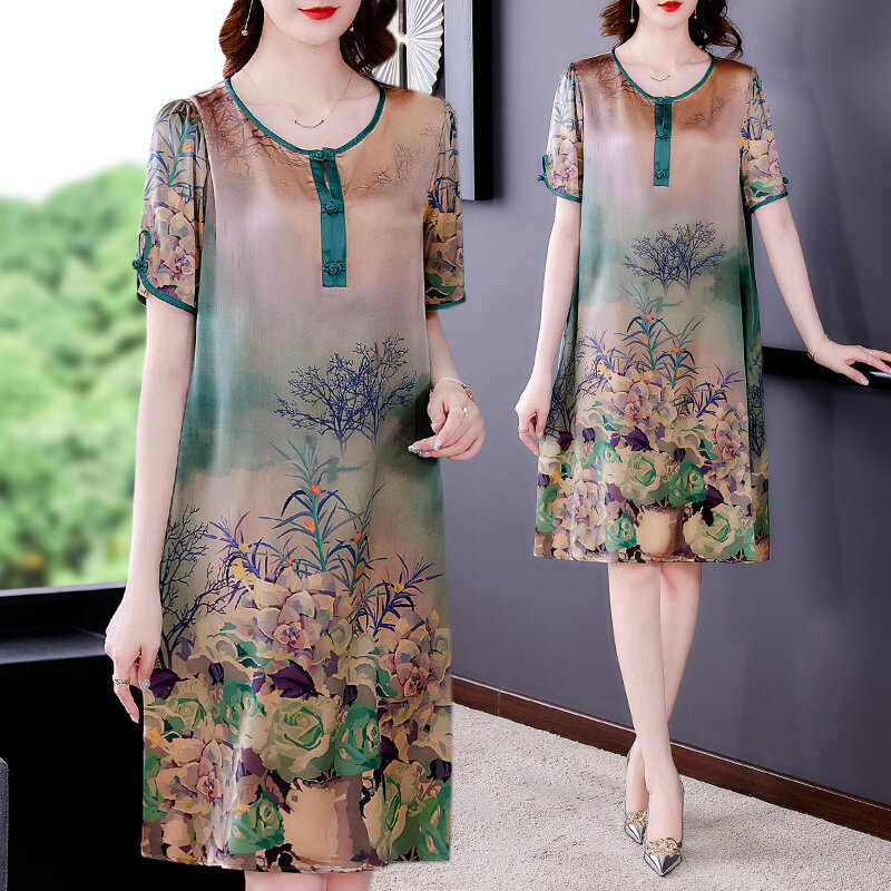 2023 Summer New Women's Short Sleeve Printed Temperament Round Neck Loose Cheongsam Slim Fit Medium Length Silk Dress