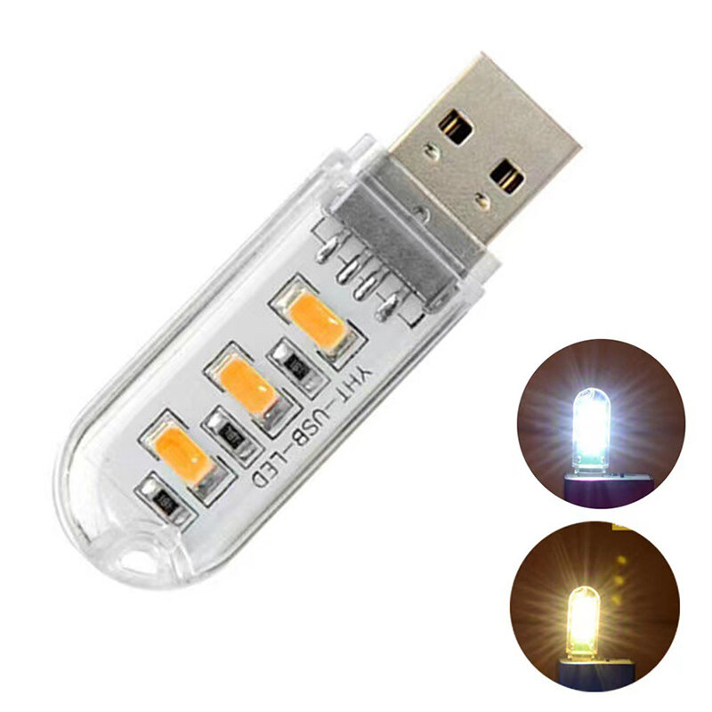 หลอดไฟ LED 3ดวงแบบ USB USB แบบพกพาขนาดเล็กหลอดไฟ LED 5V กำลังไฟกลางคืน3000K-7000K สำหรับแล็ปท็อปแบตสำรองมือถือ