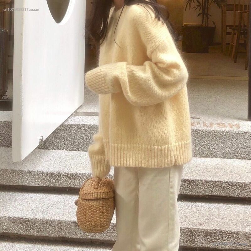 2023 Autumn and Winter New Loose Knitted Pullover Yellow Sweater Women's Round Neck Solid Color Top Winter Clothes Women
