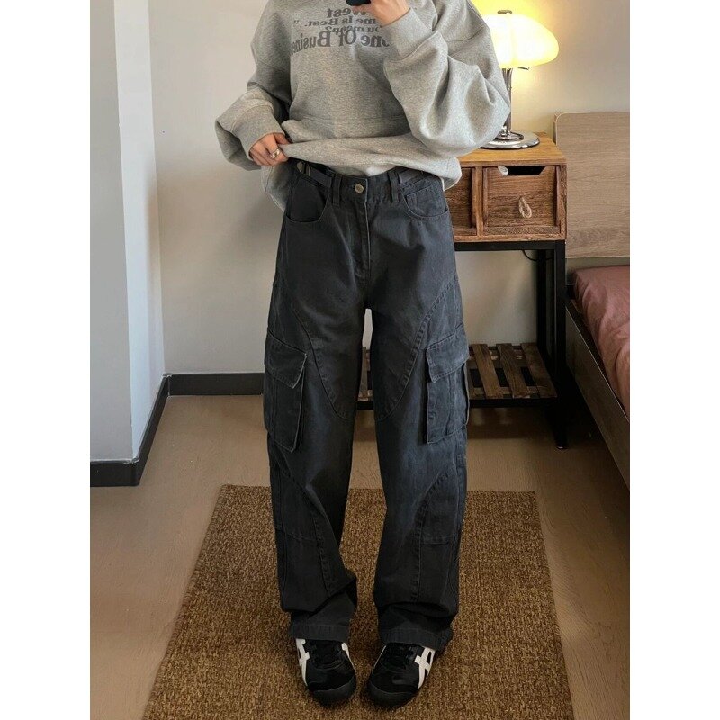 Deeptown Jeans Cargo oversize Vintage Harajuku Wide Y2k pantaloni in Denim nero donna Casual America Streetwear pantaloni moda