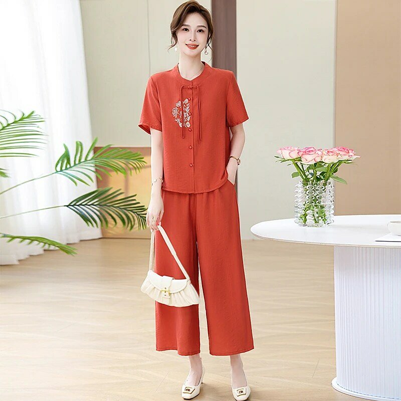 Conjunto de dos piezas de camisa Qipao bordada de manga corta para mujer, pantalones de pierna ancha holgados, ropa informal Vintage para verano