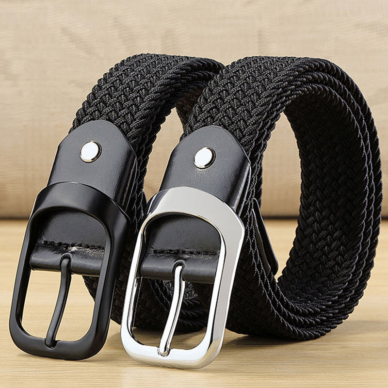 Men's Non Perforated 3.3cm Woven Waist Belt Korean Version Women's Business Travel High-Quality Narrow Elastic Pants Belt Black