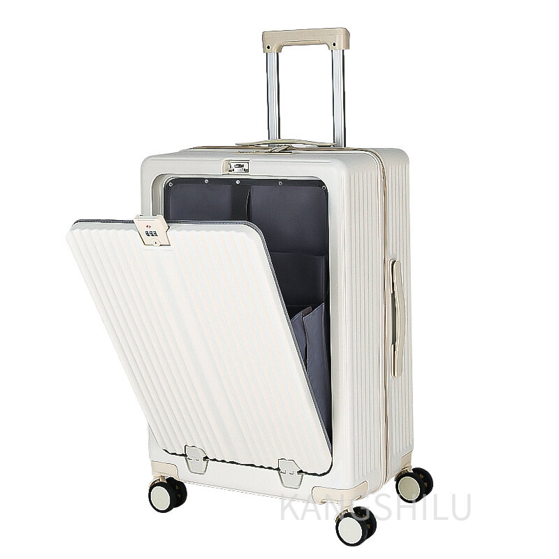 Valigia aperta frontale con un clic valigia da viaggio muslimah con ruote portabicchieri a fascia Trolley bagaglio da viaggio d'imbarco