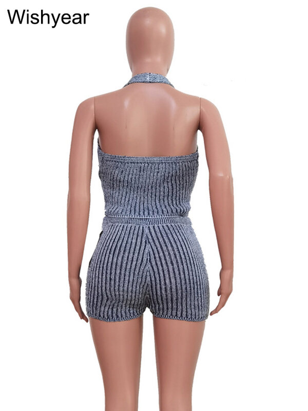 Beach Party Two Piece Set Women Ribbed Knitted Halter Backless Corset Camisole Top and Drawstring Shorts Sexy Night Club Outfits