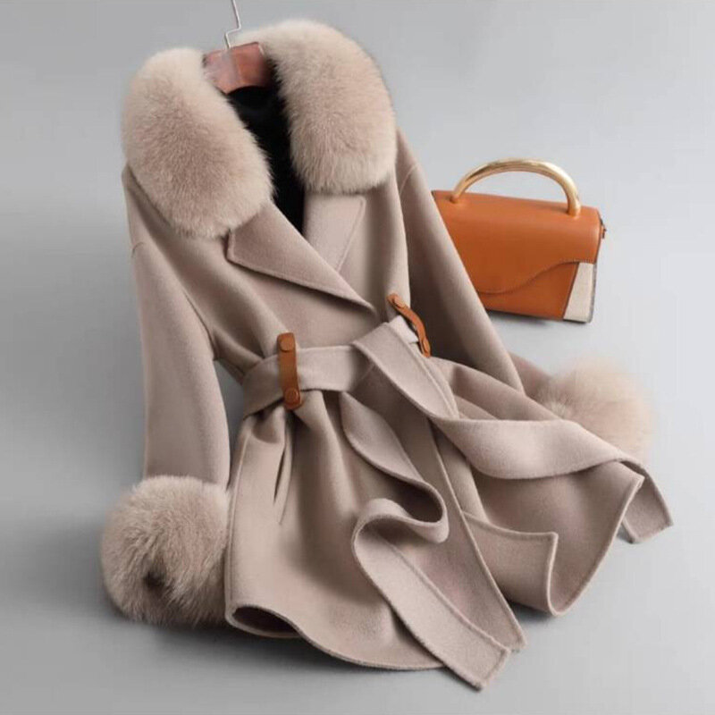 Manteau en laine de cachemire pour femmes, avec col en fourrure de renard et poignets en fourrure de renard, manteaux chauds d'hiver en vraie laine mélangée