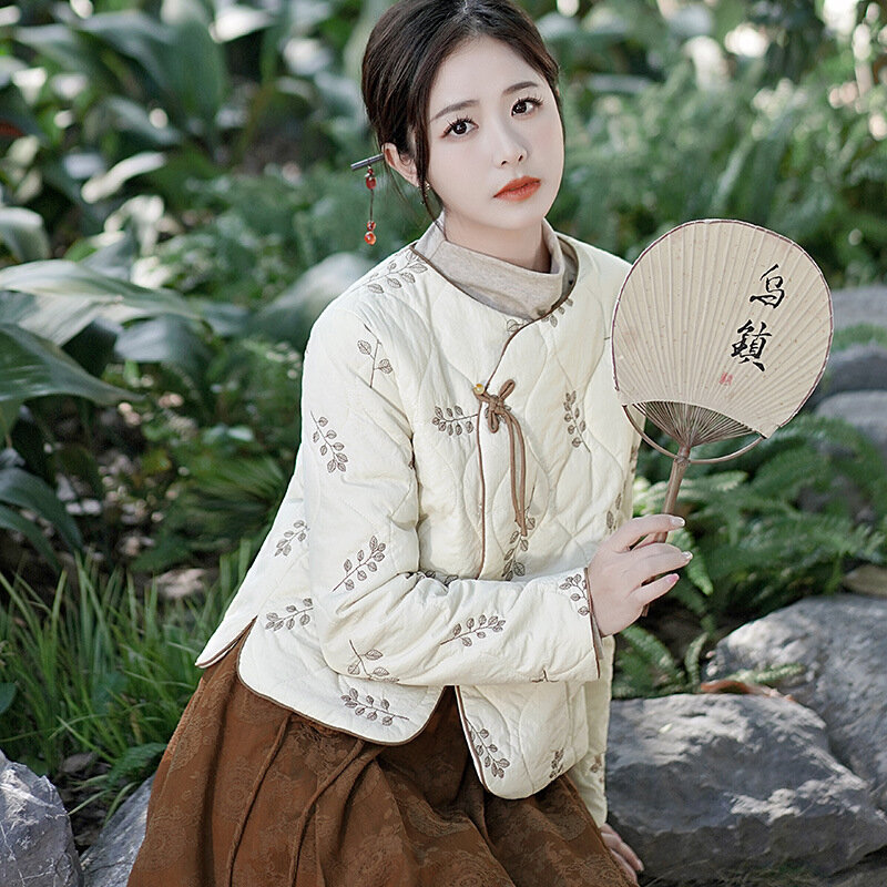 Roupa bordada de algodão com gola redonda, top de aquecimento, roupa artística retrô, novo estilo chinês, melhoria diária, outono e inverno
