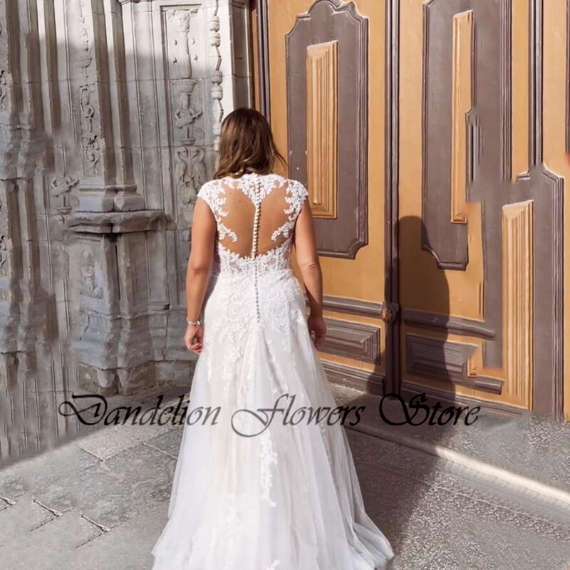 Exquisite Wedding Dresses Plus Size Tulle With Lace Applique V-Neck Backless Bride Gowns Cap Sleeves Mermaid Vestido De Noiva