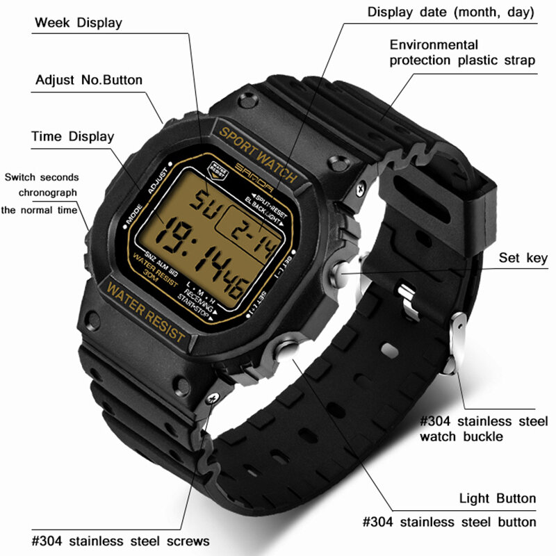 SANDA 탑 브랜드 남성 시계, 패션 LED 디지털 야외 스포츠 밀리터리 시계, 전자 손목시계