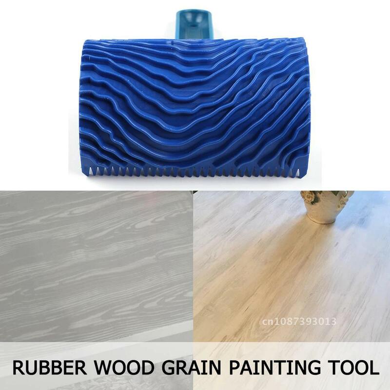 Kuas Roller cat urat kayu biru karet, alat pengecatan dinding Graining DIY dengan pegangan, alat aplikasi lukisan seni tekstur dinding