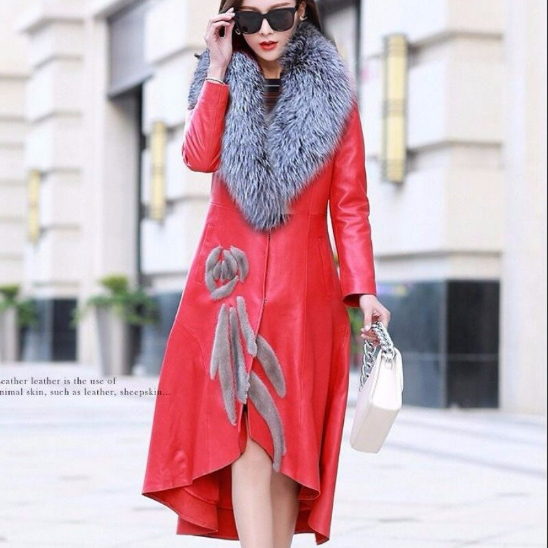 2023 New Haining Leather Coat Women Mid Length Windbreaker Mink Fox Fur Cotton Leather Windbreaker Coat Real Fur Collar