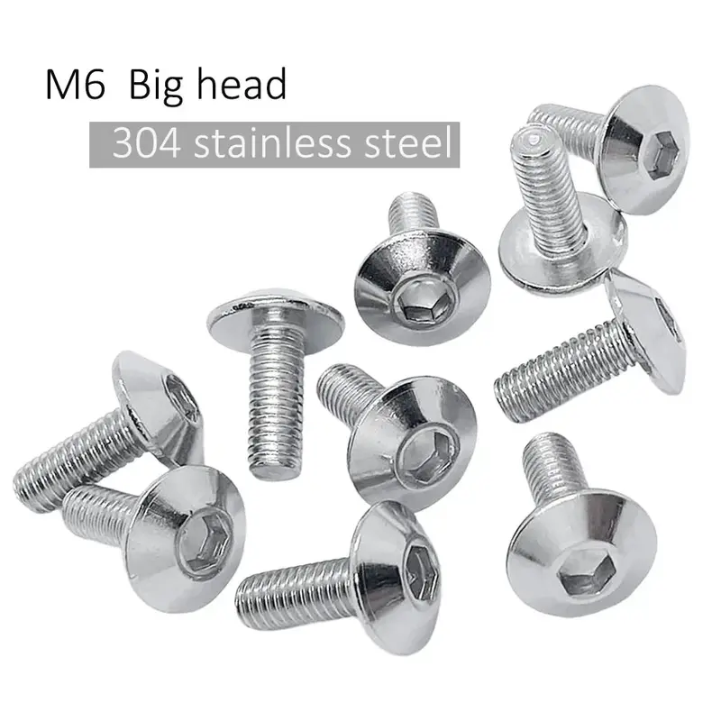 10pcs Stainless Steel Large Flat Head Hexagon Socket Screws Bolts M6 12/16/20mm for Motorcycle Moped Scooter Tail Plates