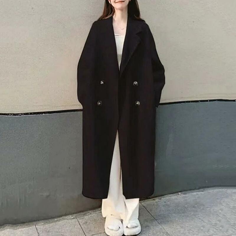 Women Loose Jacket Stylish Women's Double-breasted Mid Length Trench Coat with Lapel Windproof Warm Winter Overcoat for Fall