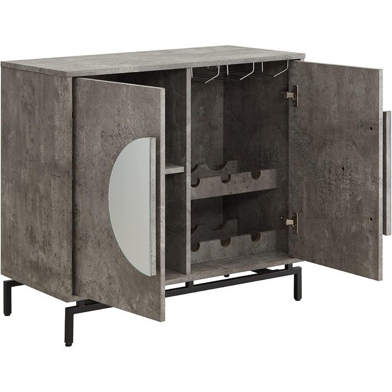 Home Source 31.5'' Cement Modern Bar Cabinet, Wooden Double Door Cabinet with Half Moon Handles, Storage Cabinet