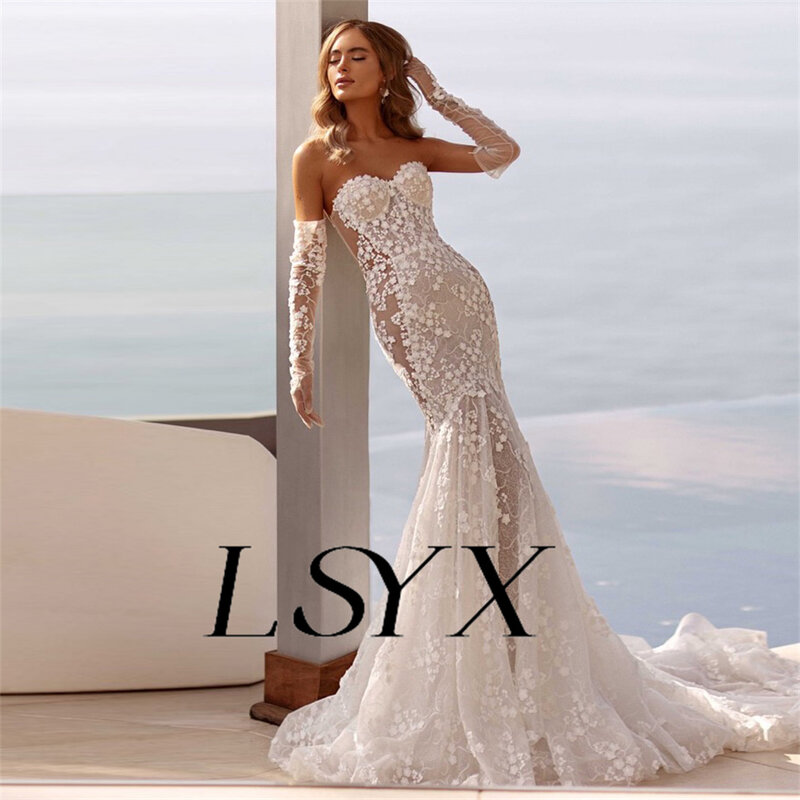 LSYX-vestido de novia con apliques sin tirantes, flores de ilusión, tul, sirena, elegante, espalda abierta, largo hasta el suelo, hecho a medida