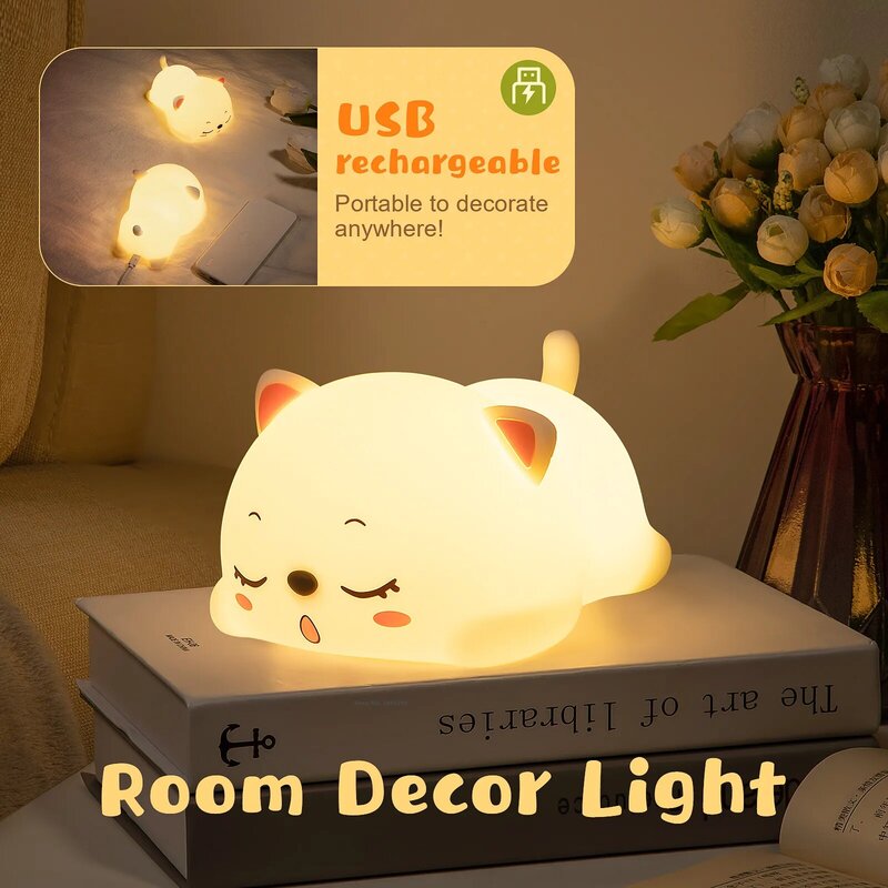 USB Recarregável Cat LED Night Light, Sensor de Toque, Controle Remoto, Colorido, Silicone, Quarto, Bedside Lamp for Children, Baby Gift