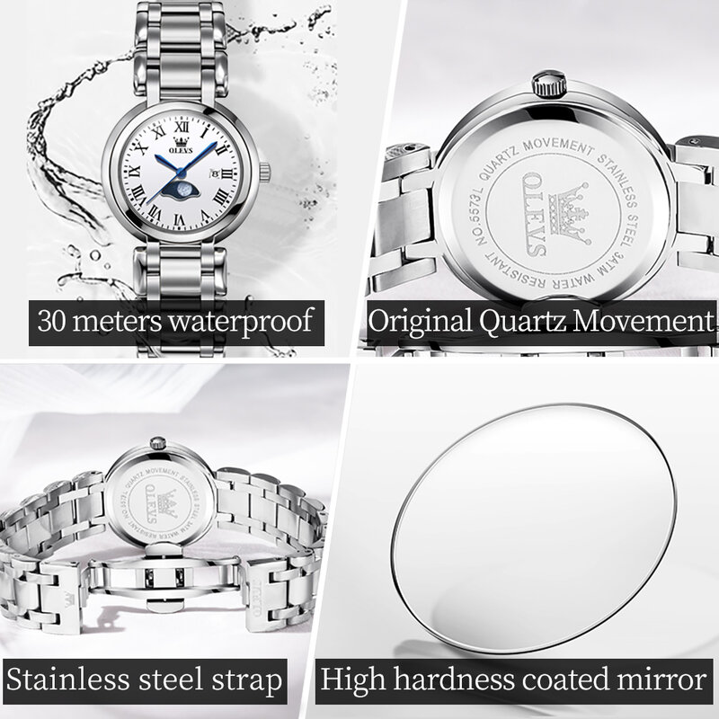 Relojes de pulsera de acero inoxidable para mujer, pulsera de cuarzo con fecha de fase Lunar, resistente al agua hasta 30m, marca de lujo, regalo