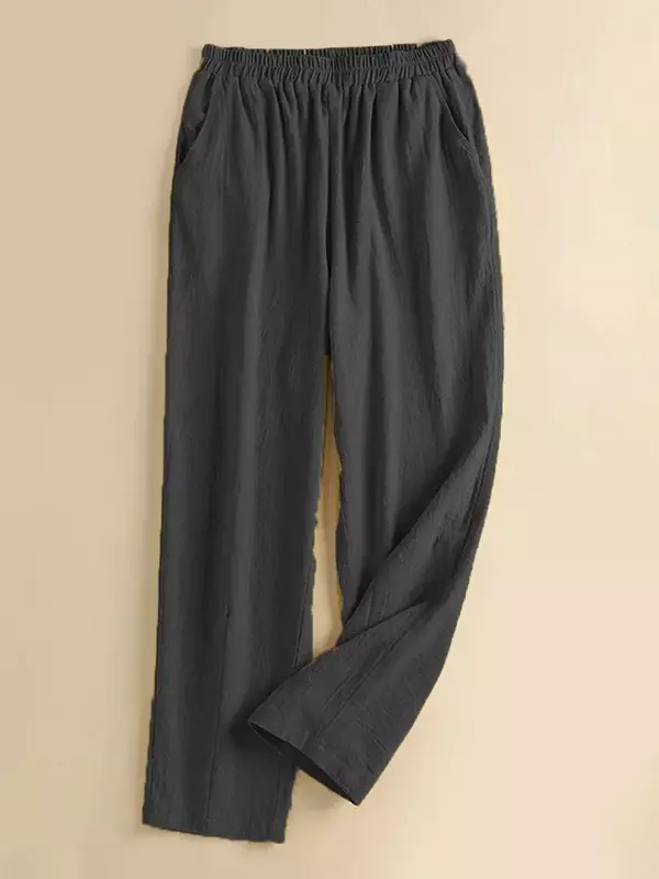 Pantalones informales de algodón con cintura elástica para mujer, pantalones de fondo de color sólido, retro, Verano