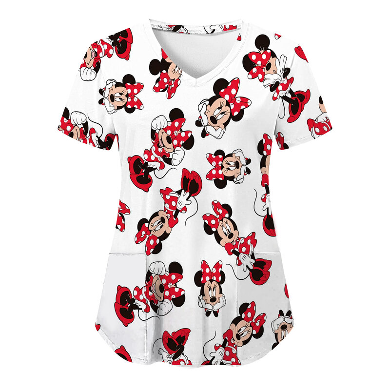 T Shirt strój pielęgniarki topy Disney koszulka Mickey koszule kieszeń odzież damska szpital koszulki Minnie Mouse Top kobiety 2023 Tees