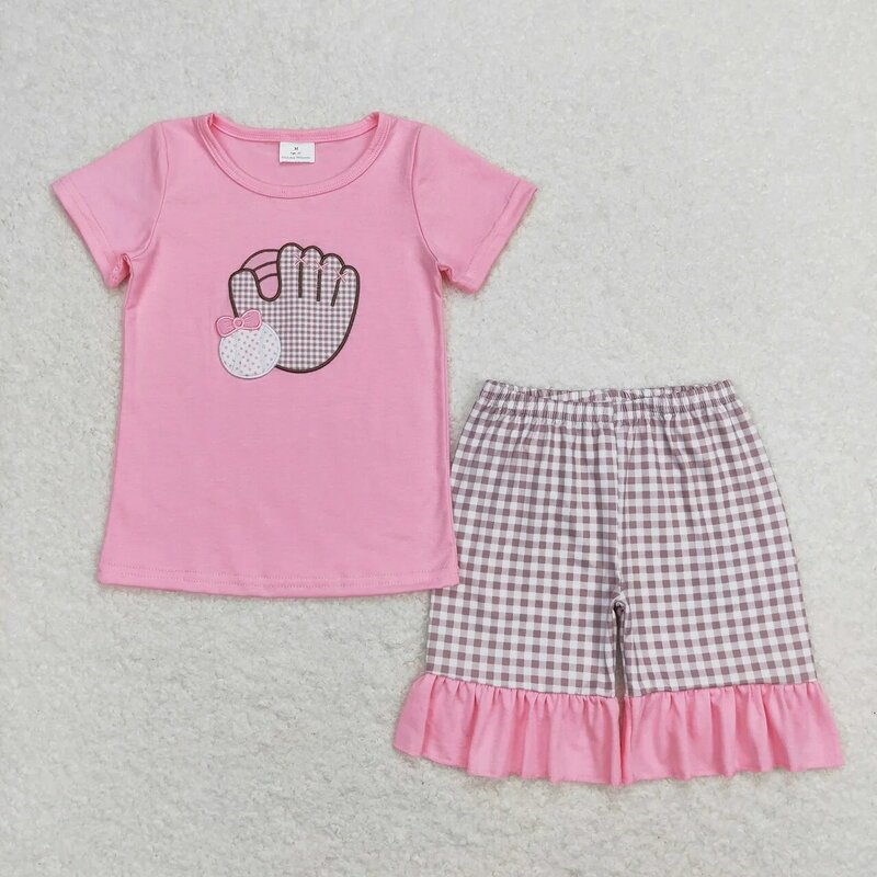 Wholesale Children Embroidery Baseball Summer Set Kids Short Sleeves Cotton Shirt Plaid Shorts Baby Boy Girl Two Pieces Outfit