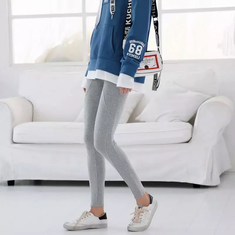 Mallas grises de algodón puro para mujer, pantalones de otoño e invierno, versión coreana