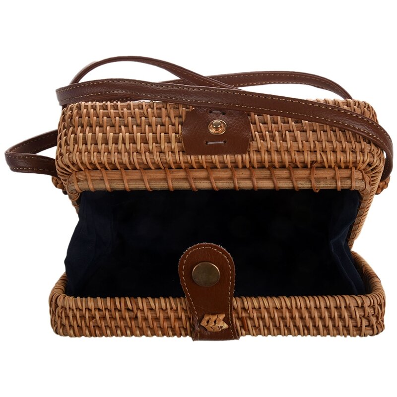 女性用の正方形の籐バッグ,手織りのバッグ,革製のバックルパッケージ,ボヘミアンビーチ,レトロな縫い目,新しい