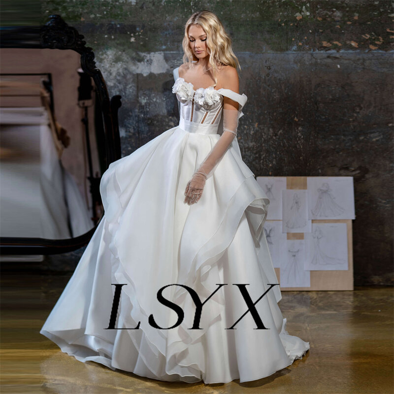 LSYX Princess Off-Shoulder Cut Out Tiered Organza Wedding Dress Lace Up Back Bow A-Line Sweetheart Court Train Bridal Gown