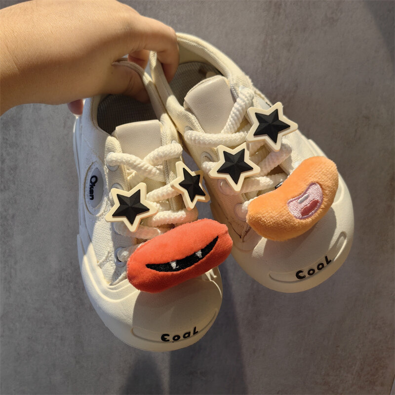 Cute Cartoon Plush Shoes for Children, Flower Shoe Buckles, Star Eyes, Brincalhão de boca grande, Decoração de sapatos infantis