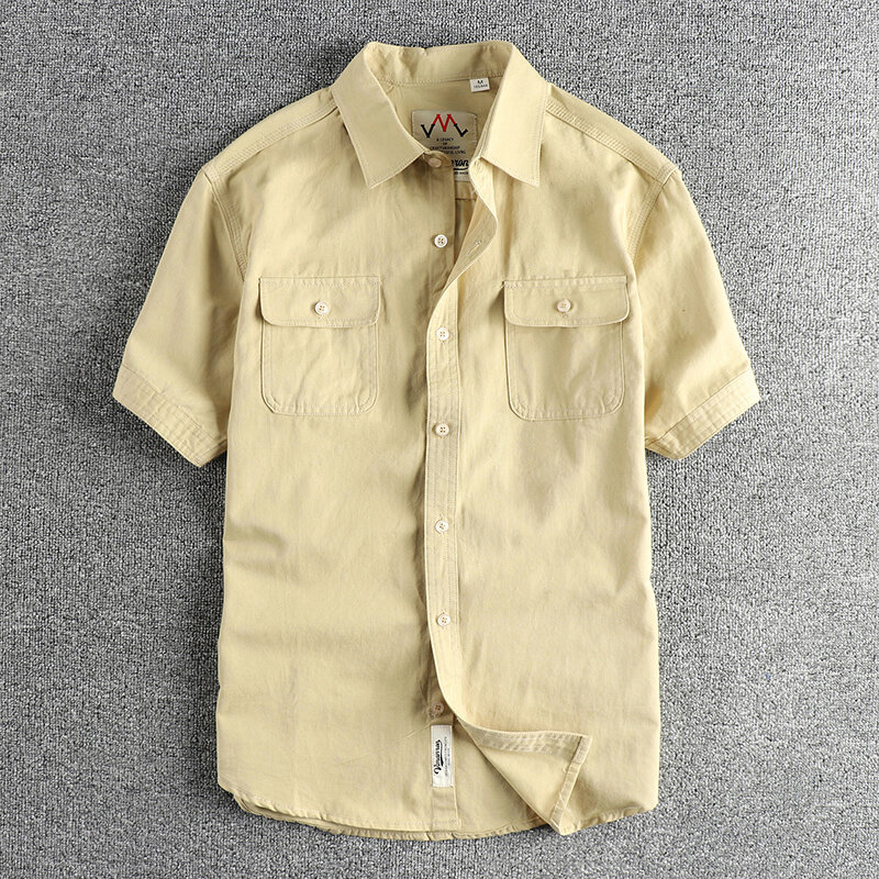 Simple cargo pocket design summer vintage short-sleeved shirt for men washed twill cotton fabric casual shirt