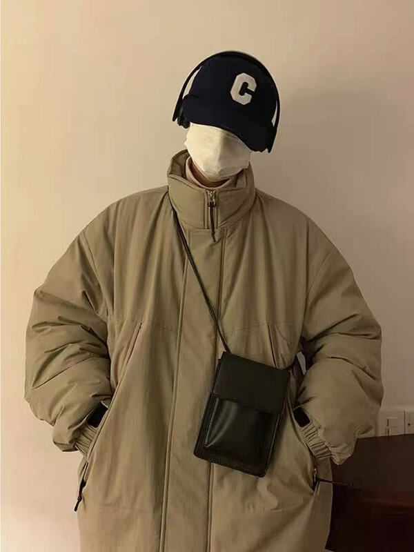 Cityboy-abrigo japonés de algodón con cuello levantado para hombre, chaqueta gruesa y cálida, holgada, de color caqui, simple, de marca de moda, top y2k, de invierno