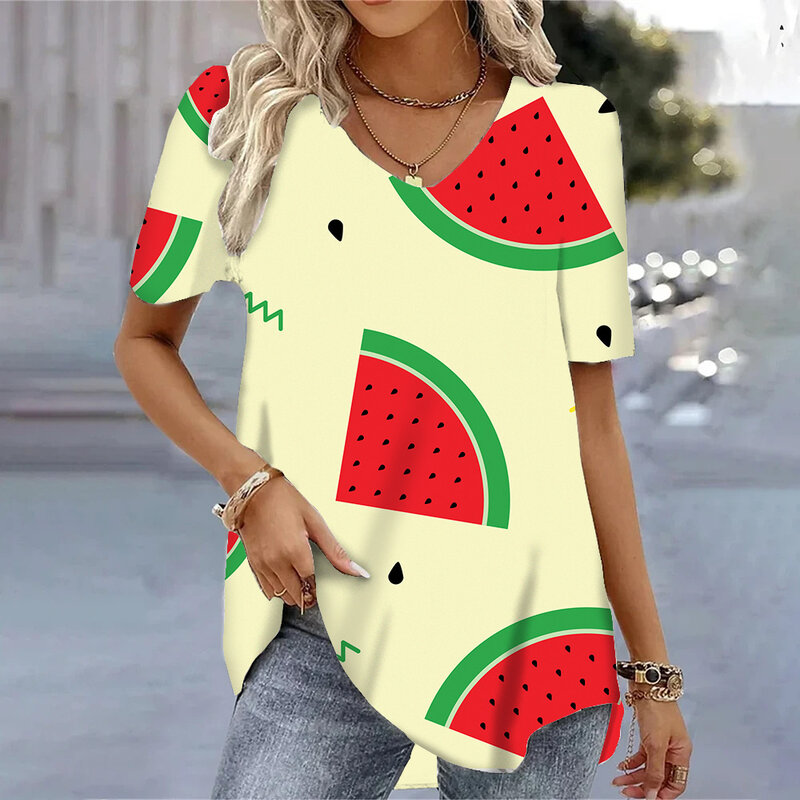 Funny Short Sleeve Casual Ladies Fashion Graphic Tees Women Watermelon Printed V-neck Pullovers Summer Tee Clothing T-shirts