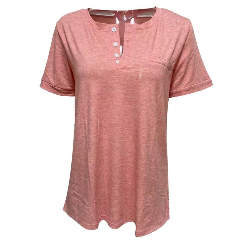 V-neck Tee Stylish Women's V-neck T-shirt with Buttons Pocket Solid Color Loose Fit Tee Shirt for Summer Streetwear Women