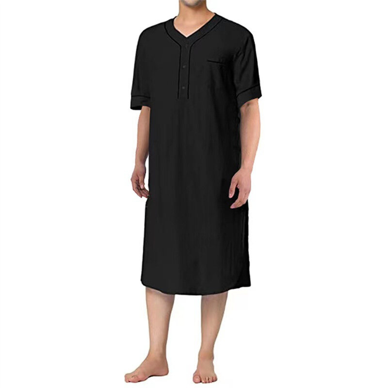 Męska suknia Abaya z krótkim rękawem w serek strój domowy codzienny luźna jednokolorowa koszula nocna islamska odzież muzułmańska sukienka letnia Thobes