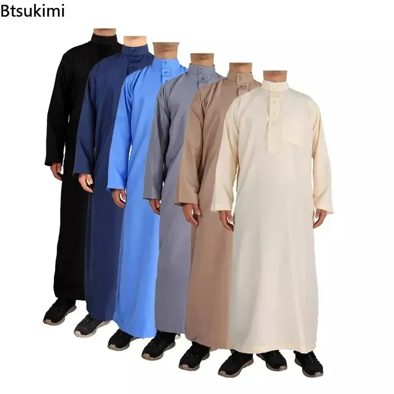 2024 Muslim Fashion Abayas Men's Solid Color Crew Neck Jubba Thobe Saudi Arabic Kaftan Robe Mid East Male Clothing Caftan Homme