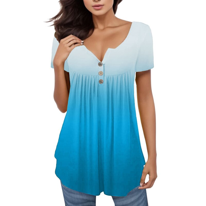 Женская Повседневная Свободная блузка с коротким рукавом, плиссированная туника на пуговицах с градиентным принтом, топы с V-образным вырезом, Женский пуловер, топы, летняя одежда
