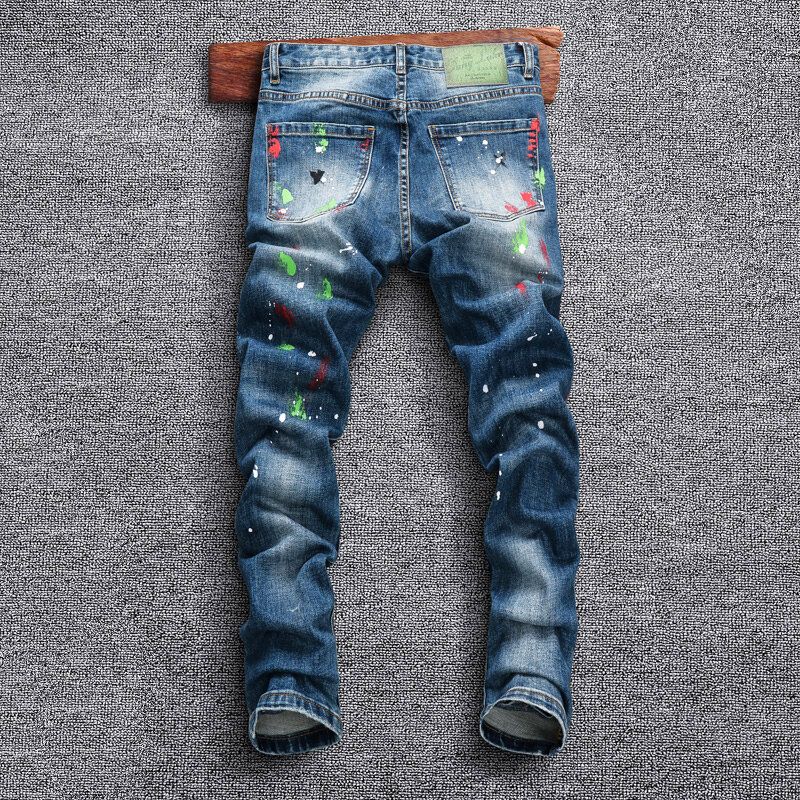 Styl uliczny modne dżinsy męskie niebieskie w stylu Retro elastyczny Slim Fit malowane porwane jeansy mężczyźni spodnie ze stretchem Hip-Hop spodnie dżinsowe Hombre
