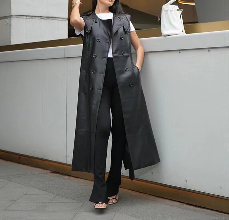 2024 Новый стиль Женская мода двубортная Пряжка длинный пальто из натуральной овчинной кожи ветровка