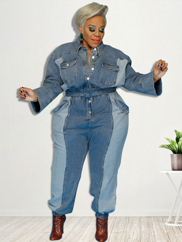 Macacão jeans de manga comprida feminino, jeans com bolsos, macacão oversize, primavera, plus size, atacado, Dropshipping