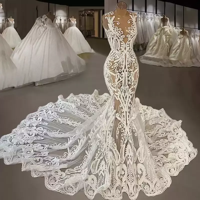 Gaun pernikahan putri duyung renda seksi mewah klasik stiker Decal leher perhiasan tipis gaun pesta pengantin fondasi taman pantai baru 2024