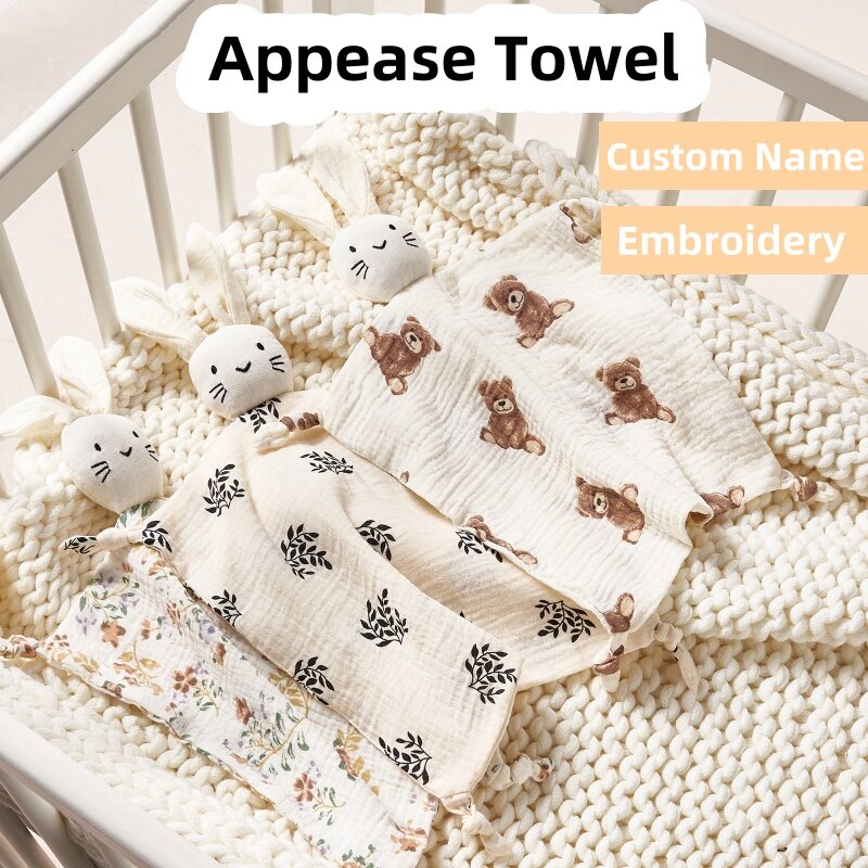 Muslin Baby Comfort Towel Cotton Embroidery Name Newborn Shower Gift Kids Sleep Dolls Soothe Appease Towels Bibs