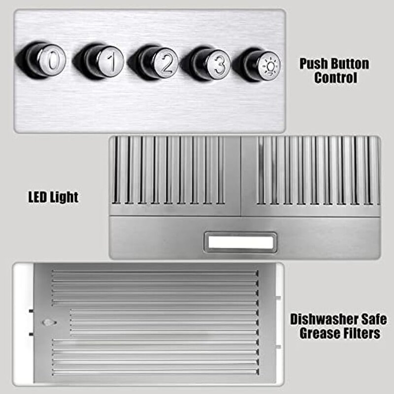 Ventilador de escape de 3 velocidades, luz LED de ahorro de energía, Control de botón, 2 filtros deflectores de piezas